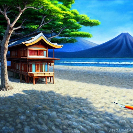 00569-9041991-high detailed, oil painting, studio ghibli, seashore, sandy beach, japanese traditional house on the beach, against the backgrou.webp